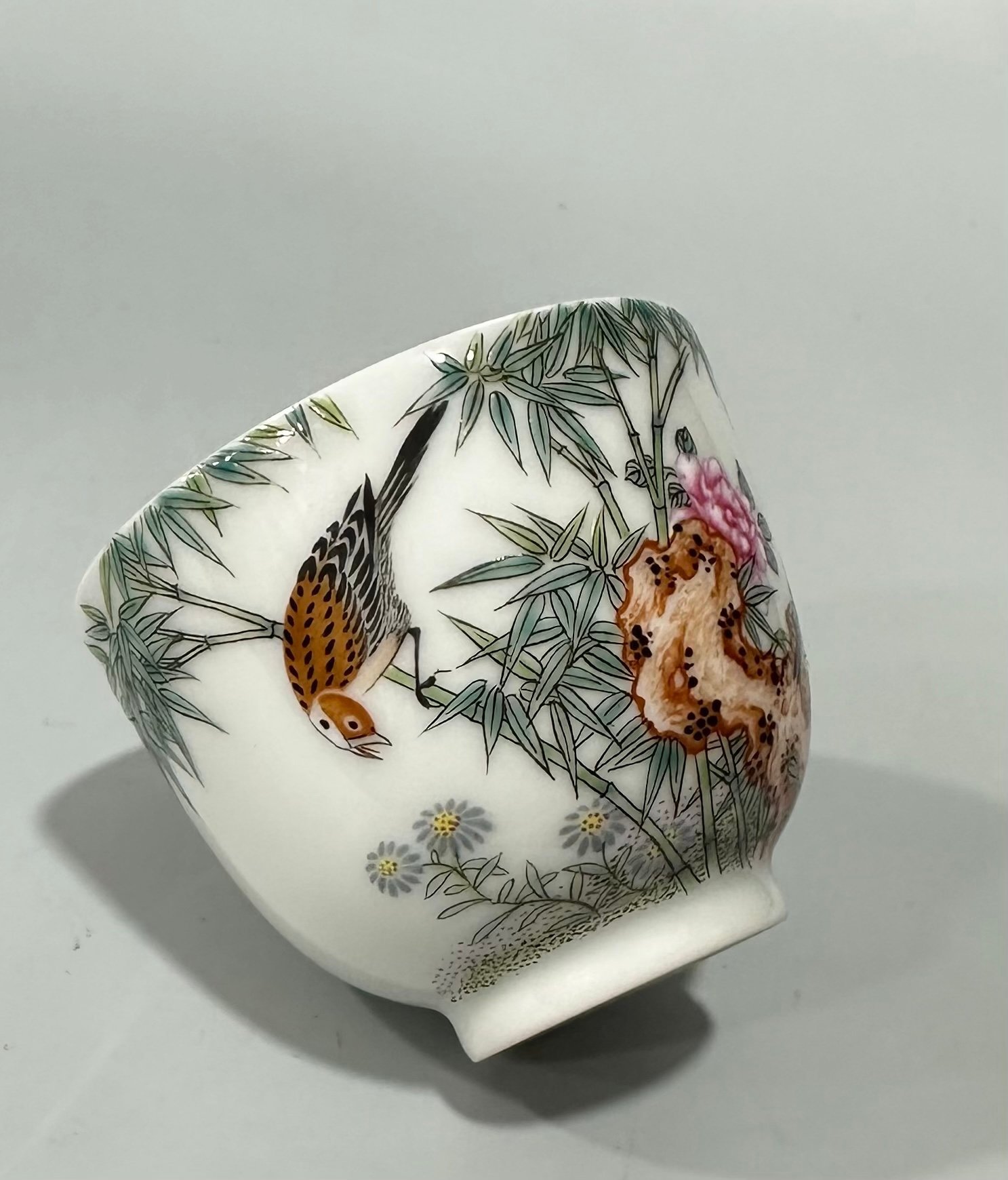 Qing Dynasty Yongzheng Enamel flower and bird poetry cup
