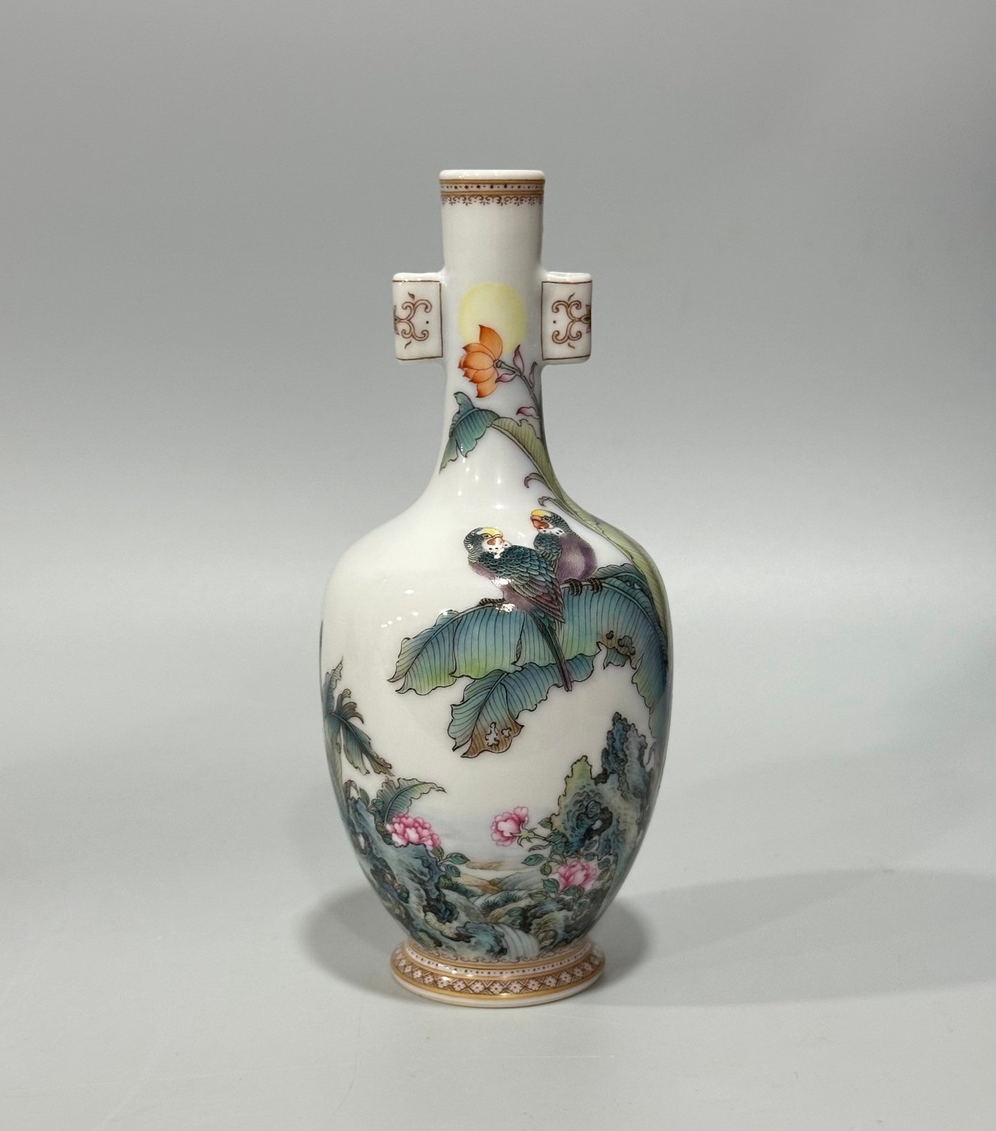 Qing Dynasty Yongzheng Enamel vase with flowers birds and poems