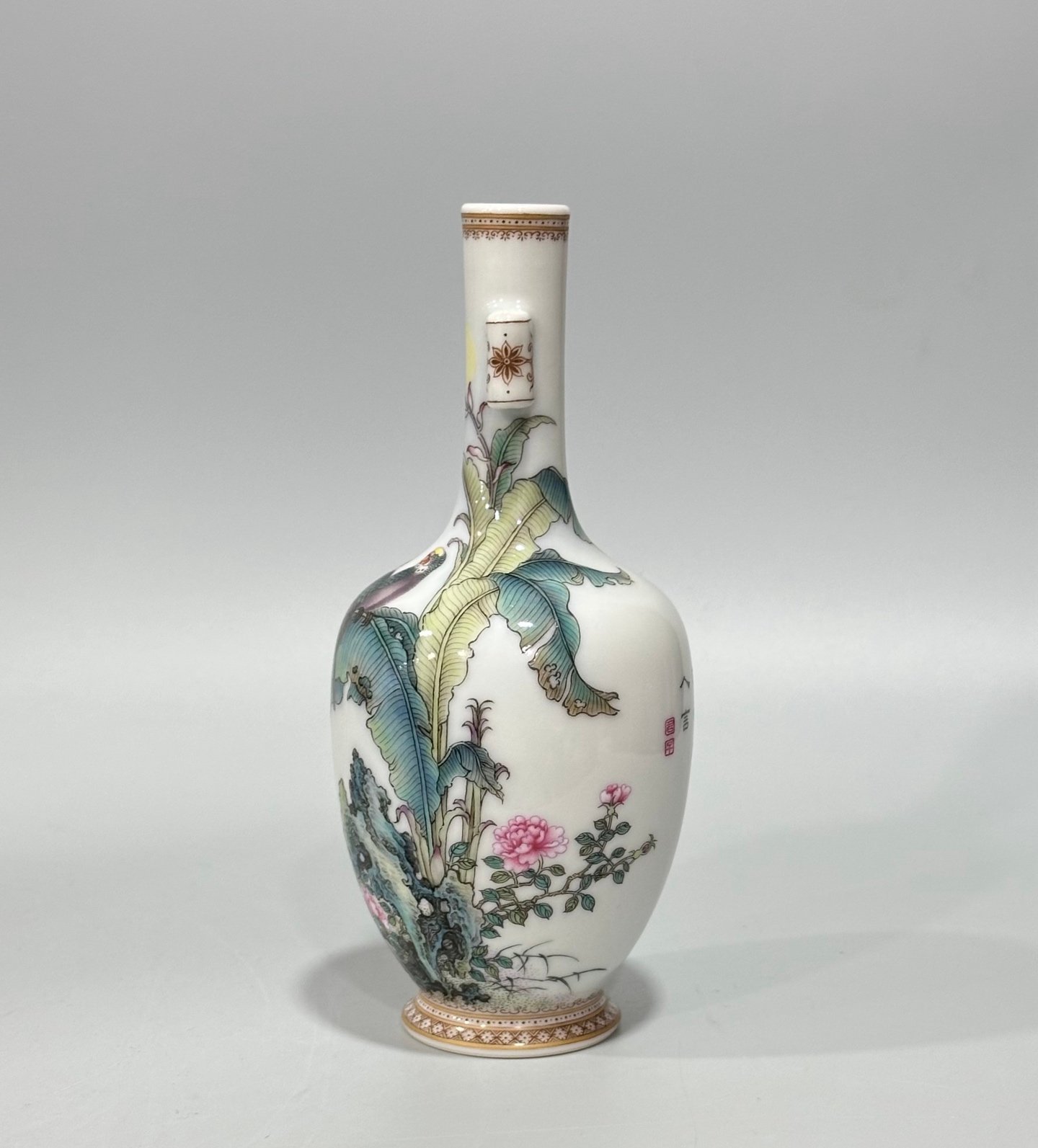Qing Dynasty Yongzheng Enamel vase with flowers birds and poems