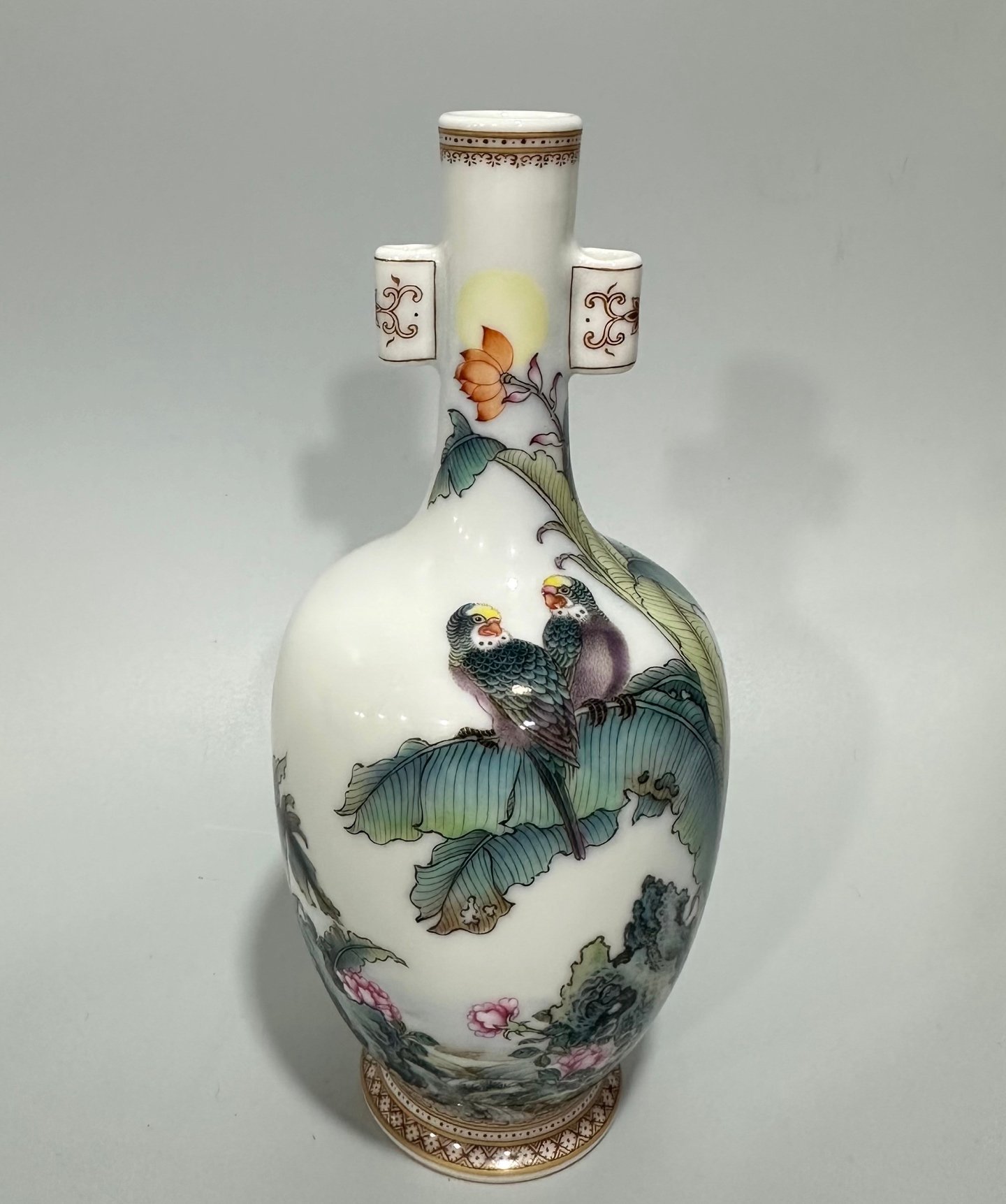 Qing Dynasty Yongzheng Enamel vase with flowers birds and poems