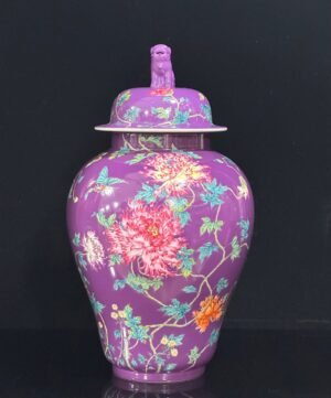 Qing Dynasty Yongzheng Enamel eggplant skin purple glaze flower and bird poetry general jar