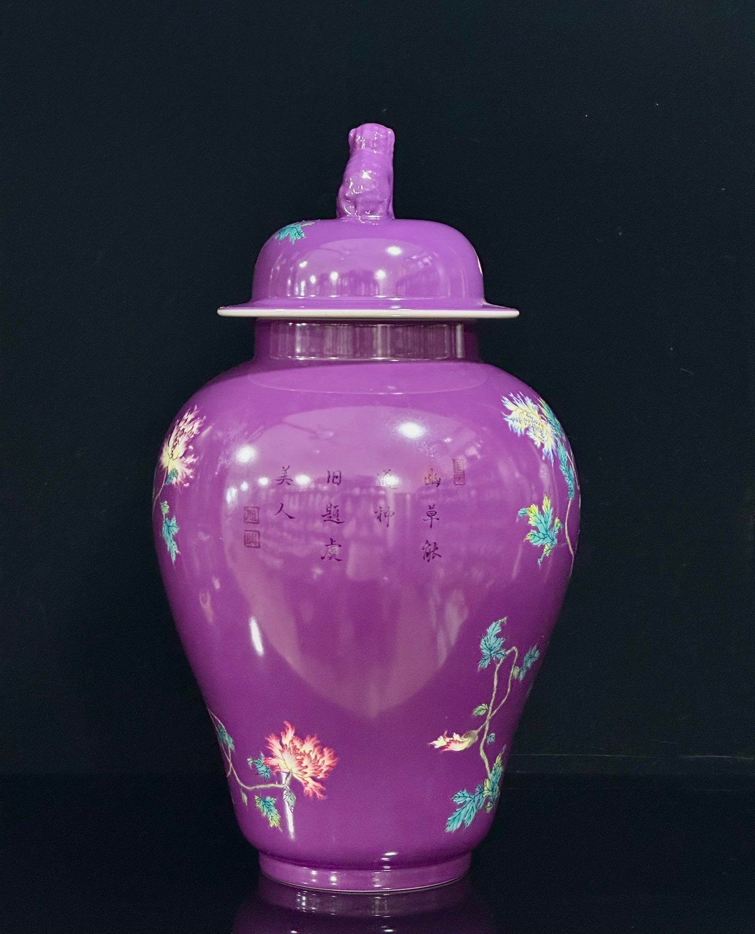 Qing Dynasty Yongzheng Enamel eggplant skin purple glaze flower and bird poetry general jar