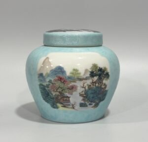 Qing Dynasty Yongzheng Enamel blue ground track window landscape pavilion figure cover jar