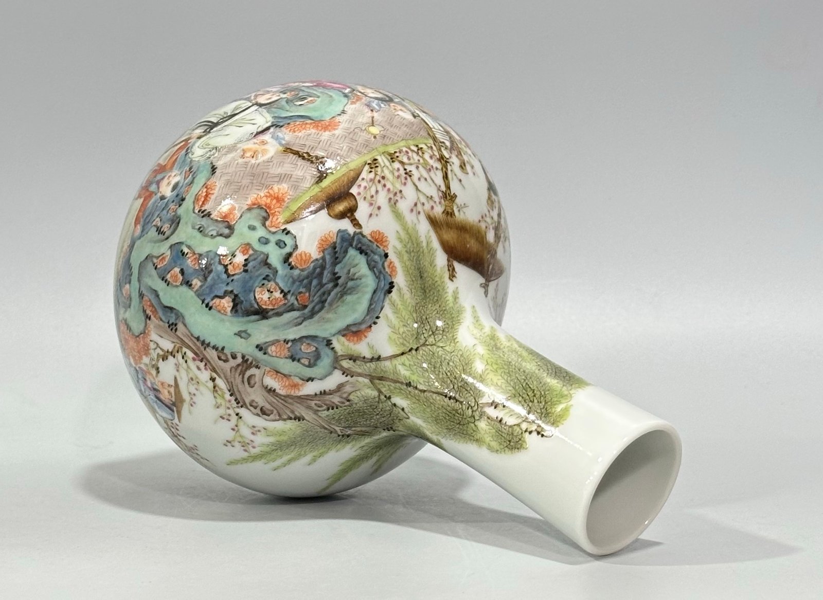 Qing Dynasty Yongzheng Small celestial sphere vase with pastel characters and farmhouse music pattern