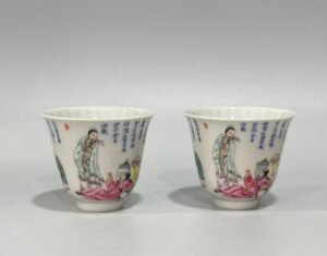 Qing Dynasty Yongzheng Pastel blue and white poetry cup with figures drinking from immortals