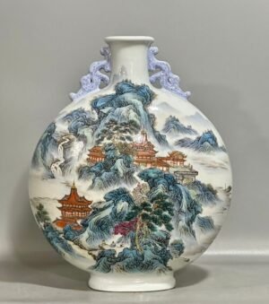 Qing Dynasty Yongzheng Pastel landscape pavilion figure with two ears holding the moon vase