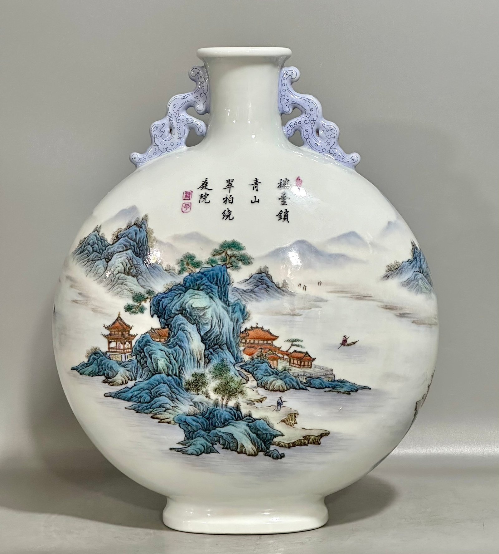 Qing Dynasty Yongzheng Pastel landscape pavilion figure with two ears holding the moon vase