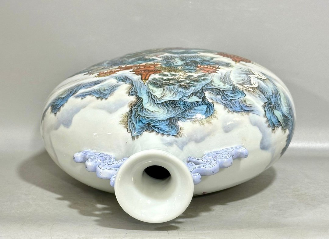 Qing Dynasty Yongzheng Pastel landscape pavilion figure with two ears holding the moon vase
