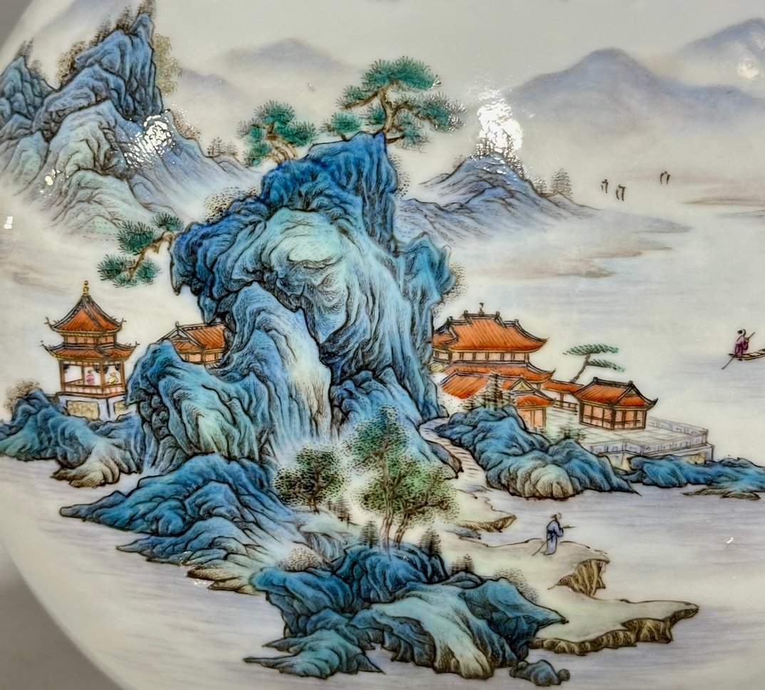 Qing Dynasty Yongzheng Pastel landscape pavilion figure with two ears holding the moon vase