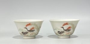 Qing Dynasty Yongzheng Pastel gold cup with reed and wild goose pattern