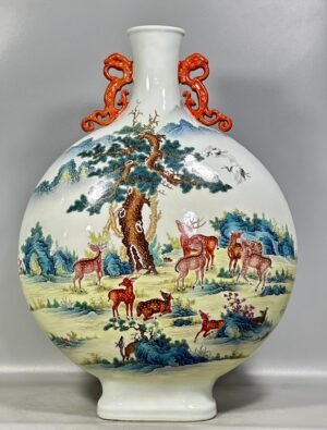 Qing Dynasty Yongzheng Pastel-colored double-eared moon vase with a hundred deers