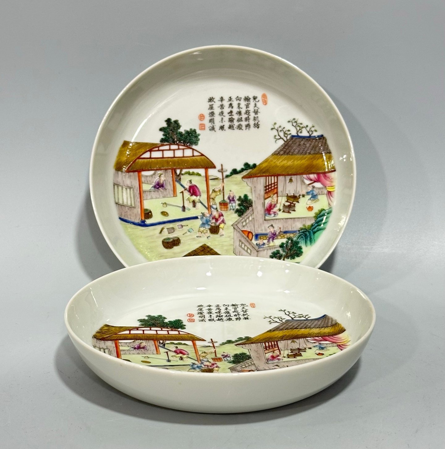 Qing Dynasty Yongzheng Pastel plowing and weaving pattern straight plate