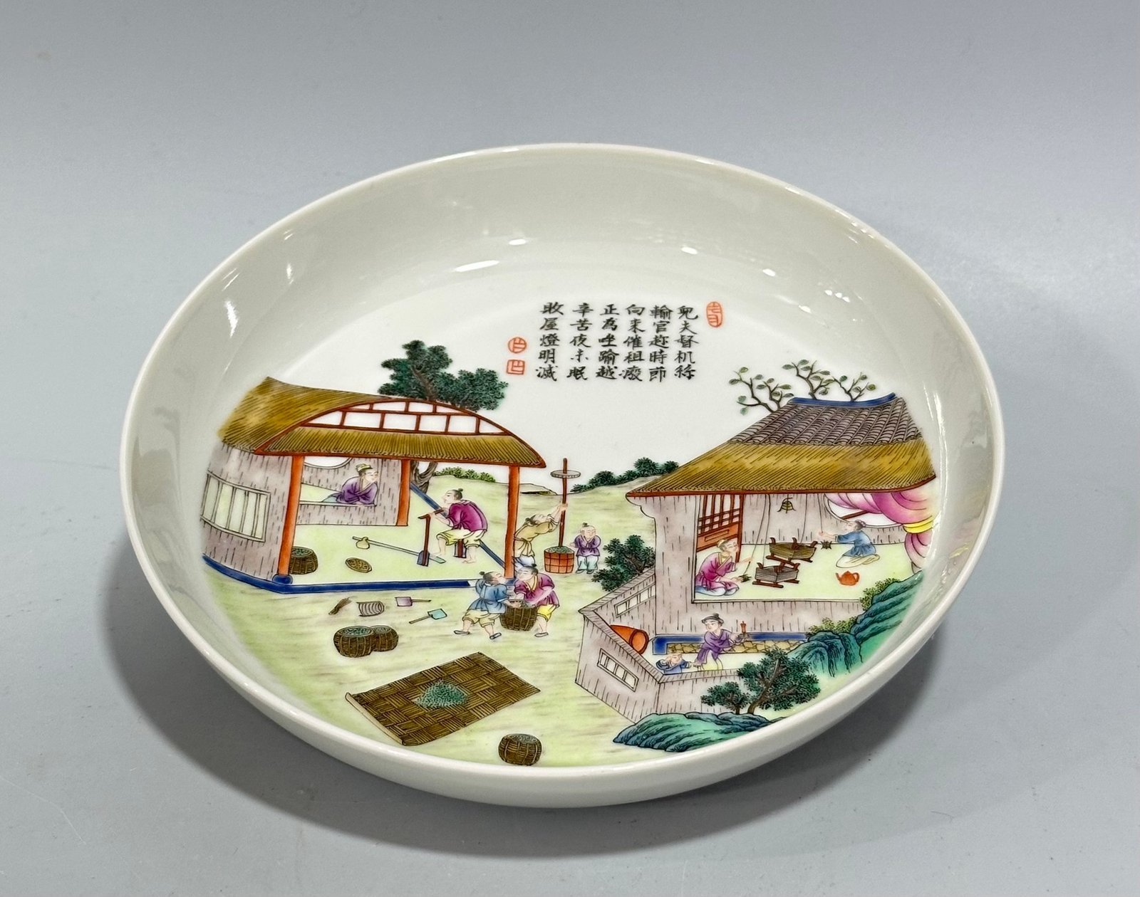 Qing Dynasty Yongzheng Pastel plowing and weaving pattern straight plate
