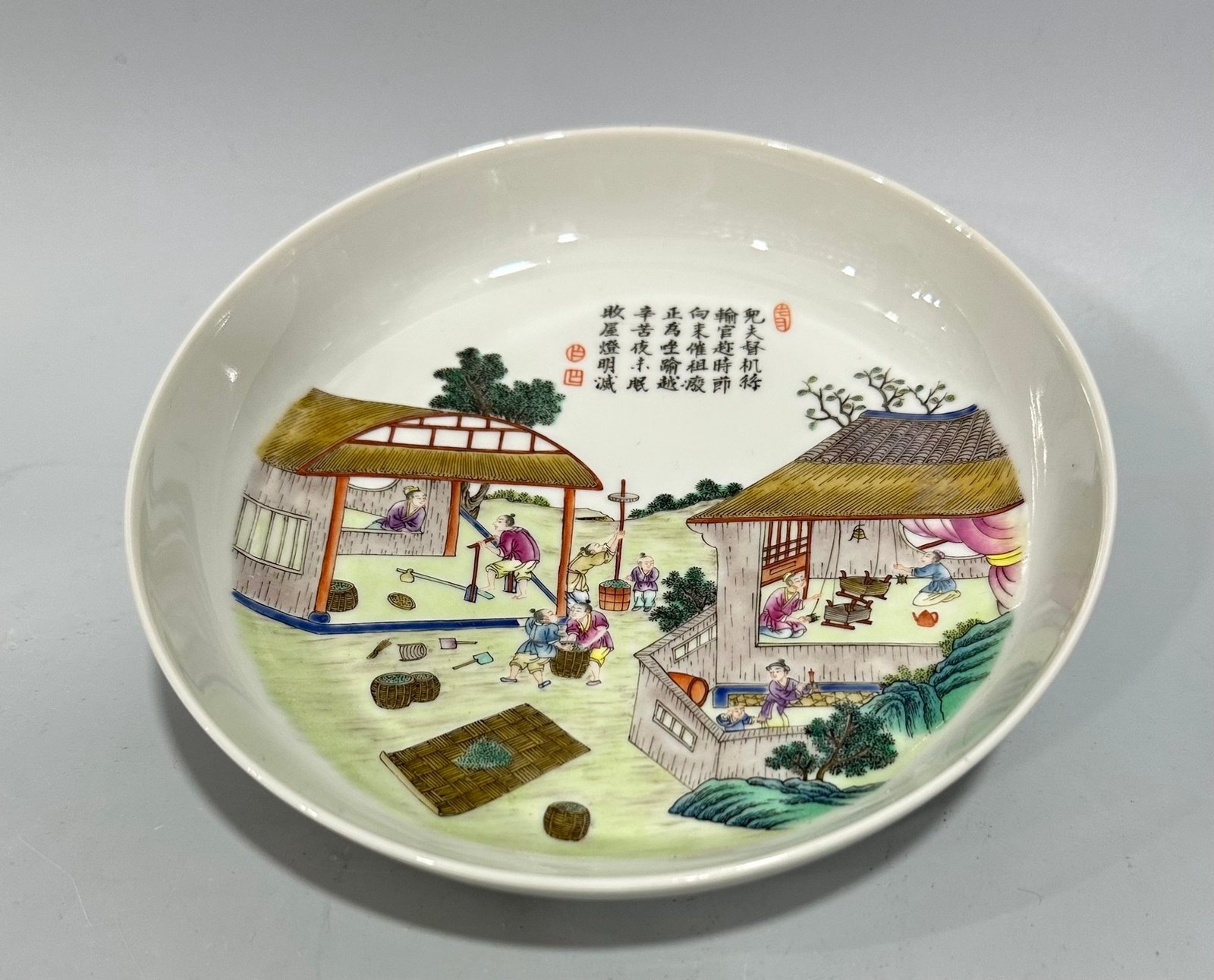 Qing Dynasty Yongzheng Pastel plowing and weaving pattern straight plate