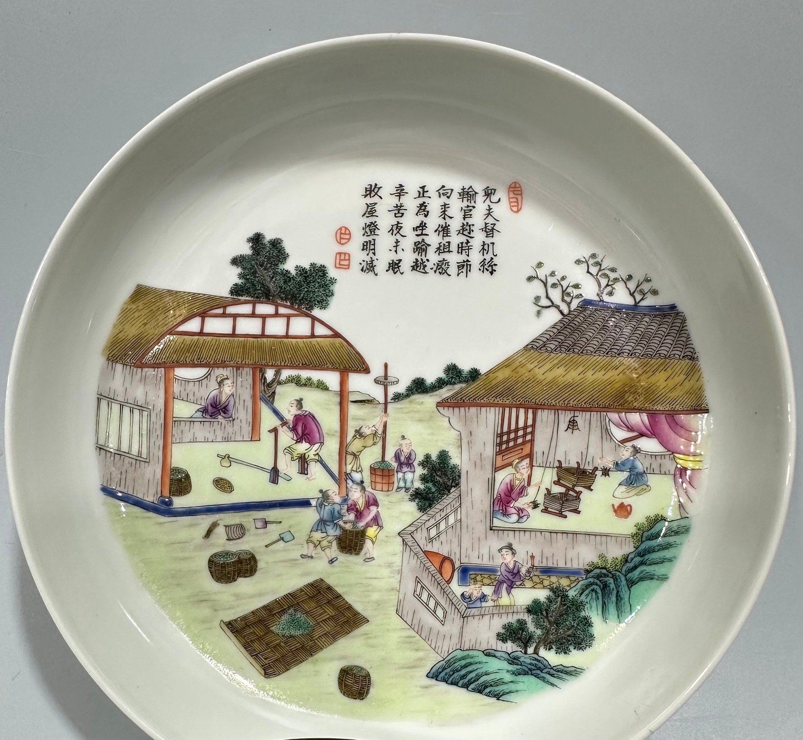 Qing Dynasty Yongzheng Pastel plowing and weaving pattern straight plate