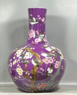 Qing Dynasty Yongzheng Pastel eggplant skin and purple glaze celestial sphere vase with flowers