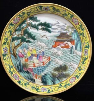 Qing Dynasty Yongzheng pastel yellow ground with flowers and branches character story plate