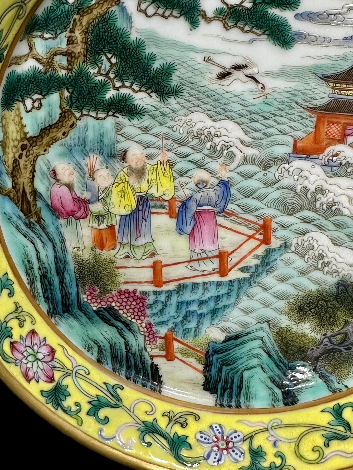 Qing Dynasty Yongzheng pastel yellow ground with flowers and branches character story plate