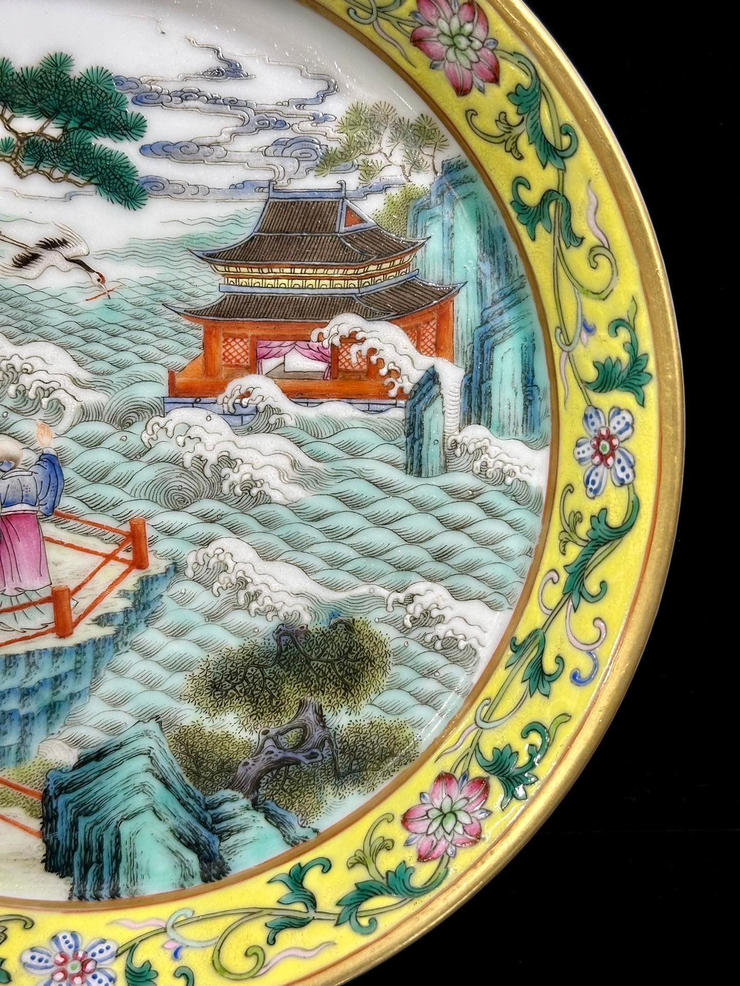 Qing Dynasty Yongzheng pastel yellow ground with flowers and branches character story plate