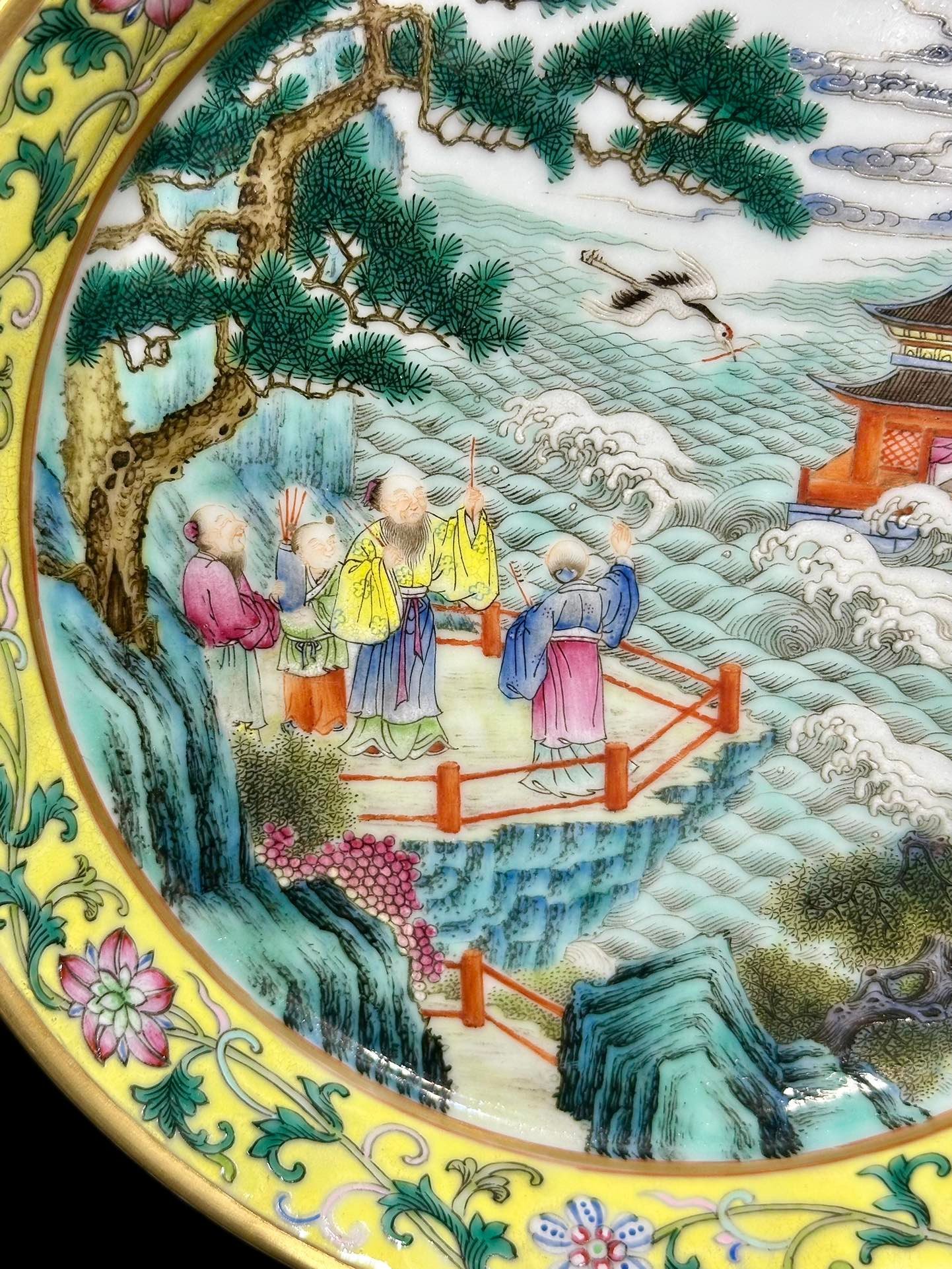 Qing Dynasty Yongzheng pastel yellow ground with flowers and branches character story plate
