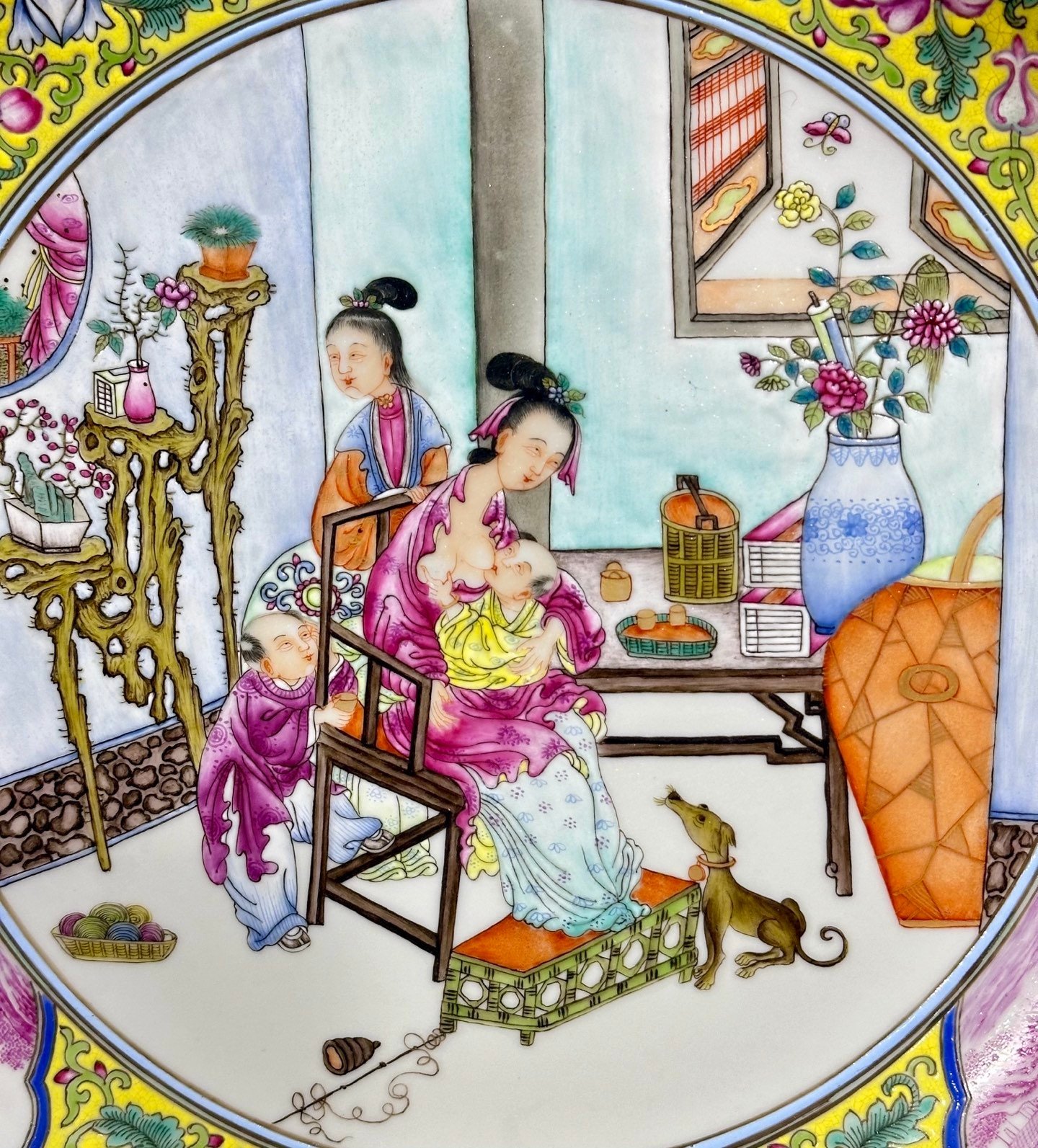 Qing Dynasty Yongzheng Pastel yellow ground with flowers and branches large plate