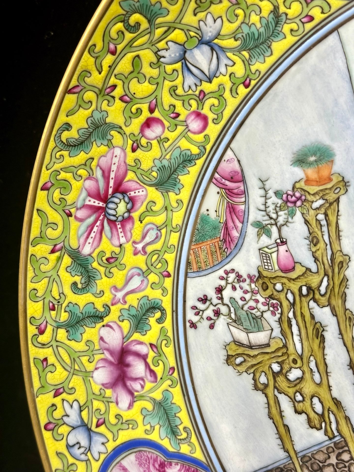 Qing Dynasty Yongzheng Pastel yellow ground with flowers and branches large plate