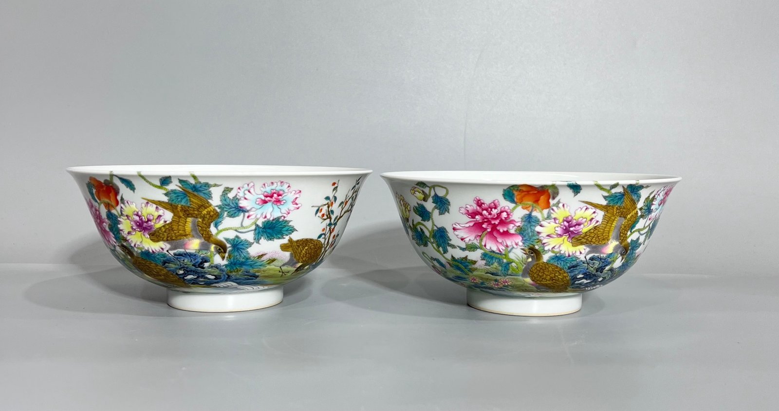 Qing Dynasty Yongzheng Pastel quail flower branch bowl