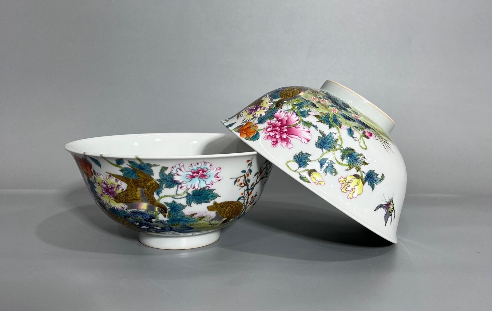 Qing Dynasty Yongzheng Pastel quail flower branch bowl