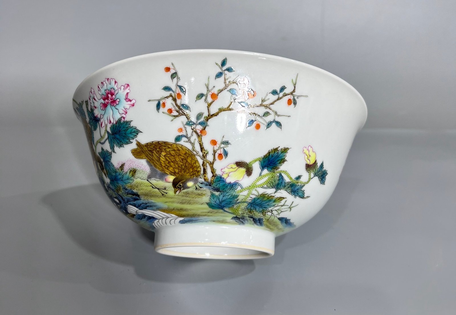 Qing Dynasty Yongzheng Pastel quail flower branch bowl