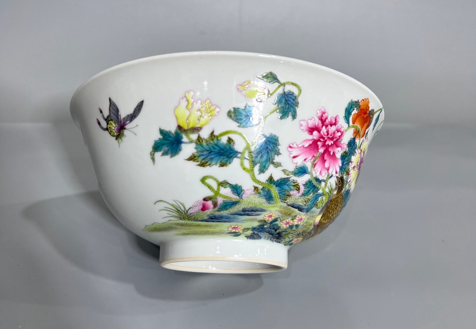 Qing Dynasty Yongzheng Pastel quail flower branch bowl