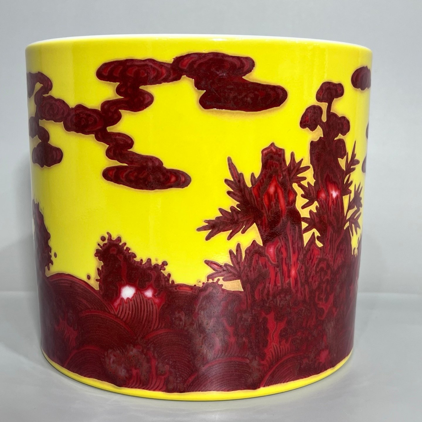 Qing Dynasty Yongzheng plum orchid bamboo and yellow ground and underglaze pen holder