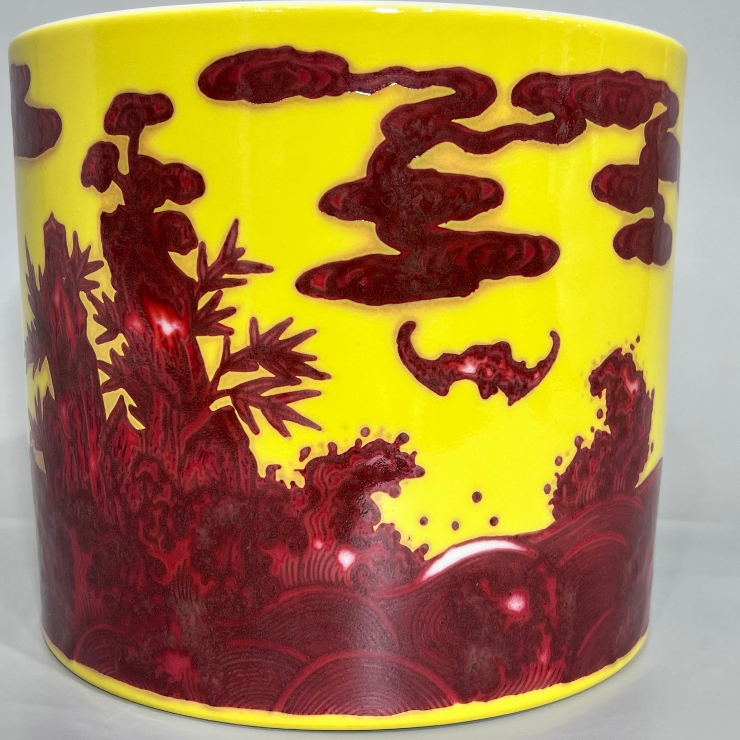 Qing Dynasty Yongzheng plum orchid bamboo and yellow ground and underglaze pen holder