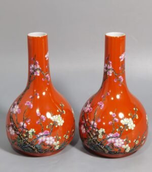 Qing Dynasty Yongzheng Coral Red Ground Poems Plum and Bamboo Spring Ringing Bell Statue