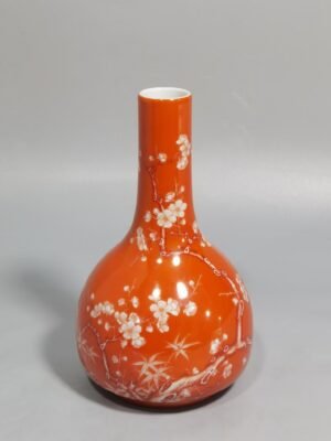 Qing Dynasty Yongzheng Coral red white plum and bamboo rattle with early spring poetry pattern