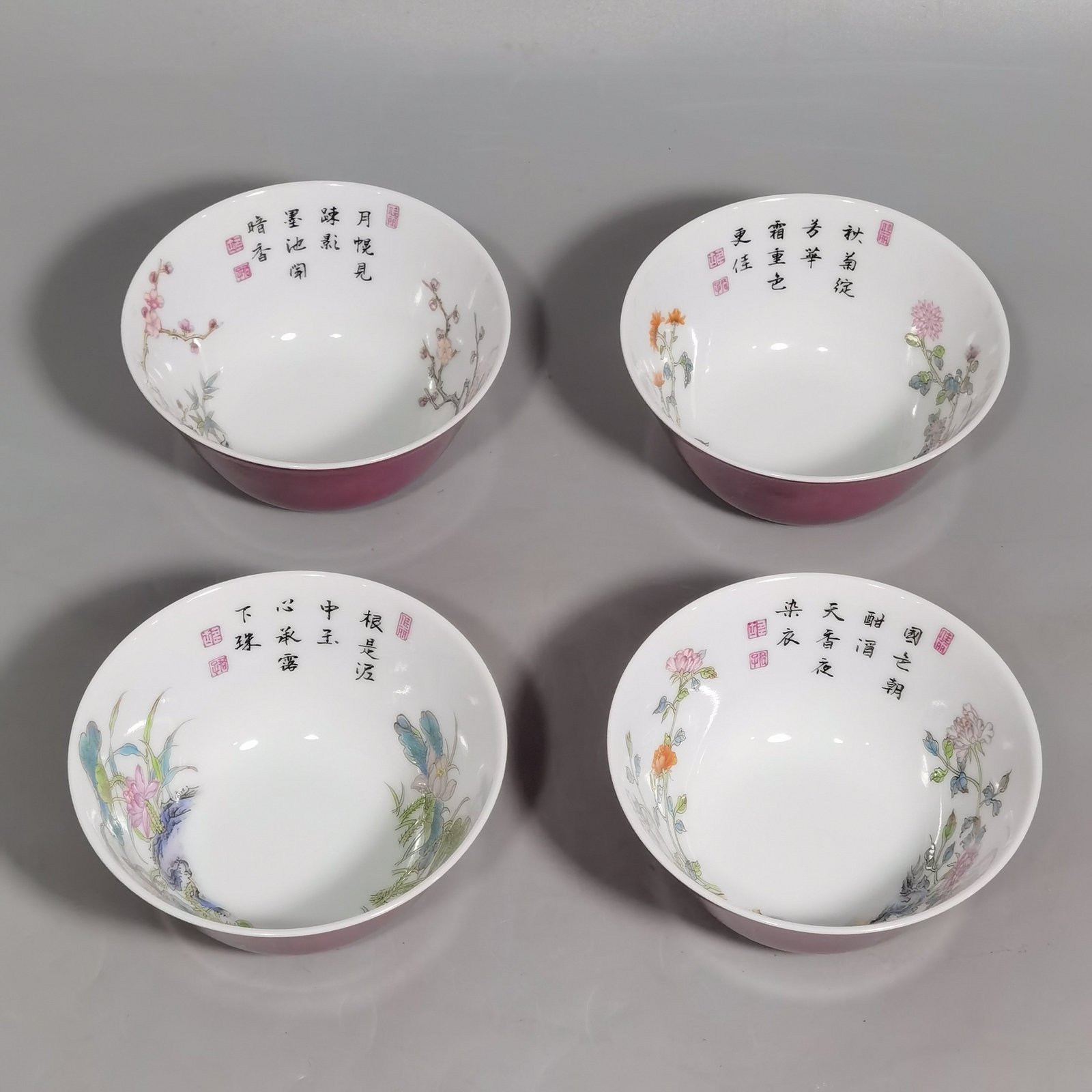 Qing Dynasty Yongzheng A set of enamel with four seasons flowers and carmine red glaze