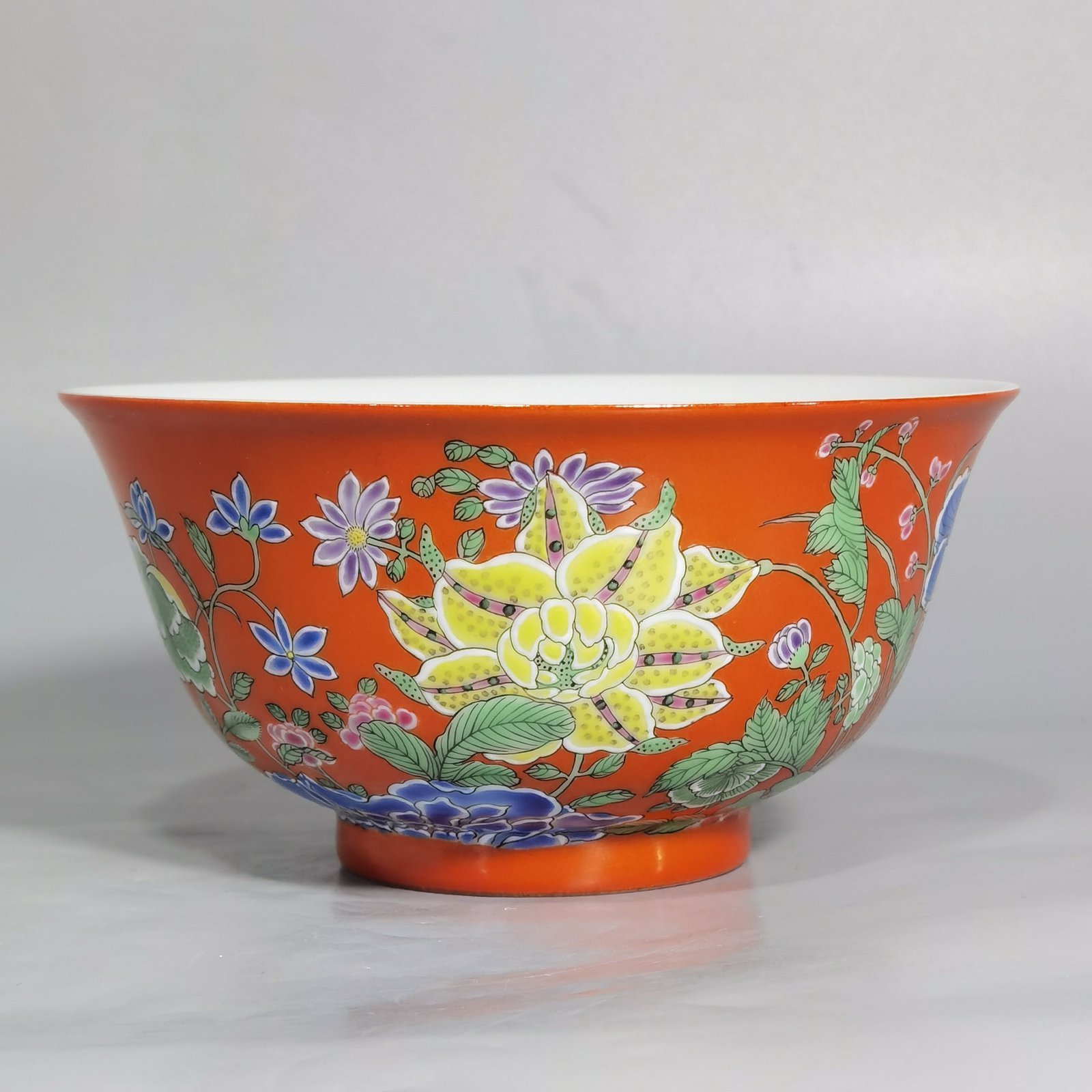Qing Dynasty Yongzheng Imperial Enamel Coral Red Ground Nine Autumn Picture Bowl