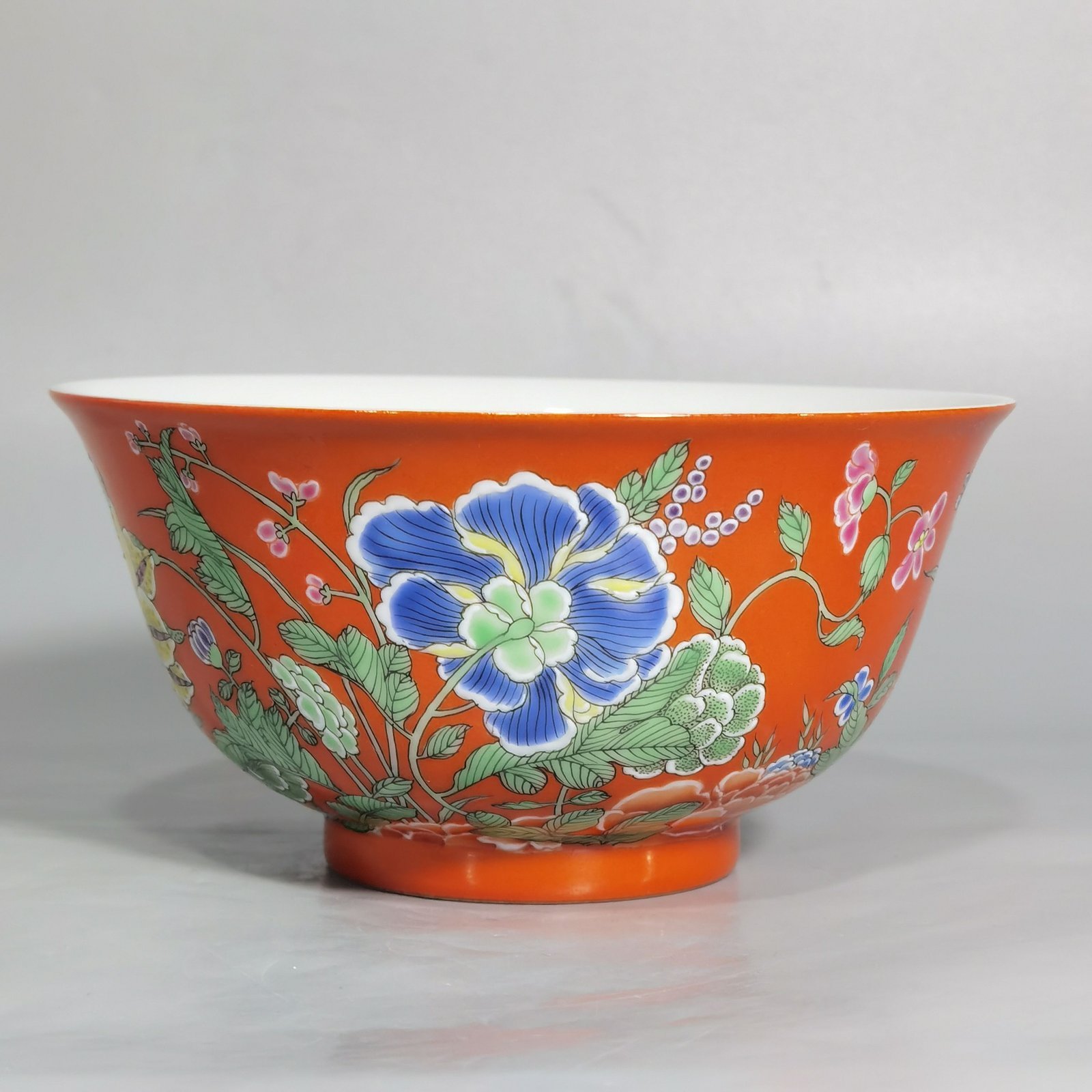 Qing Dynasty Yongzheng Imperial Enamel Coral Red Ground Nine Autumn Picture Bowl