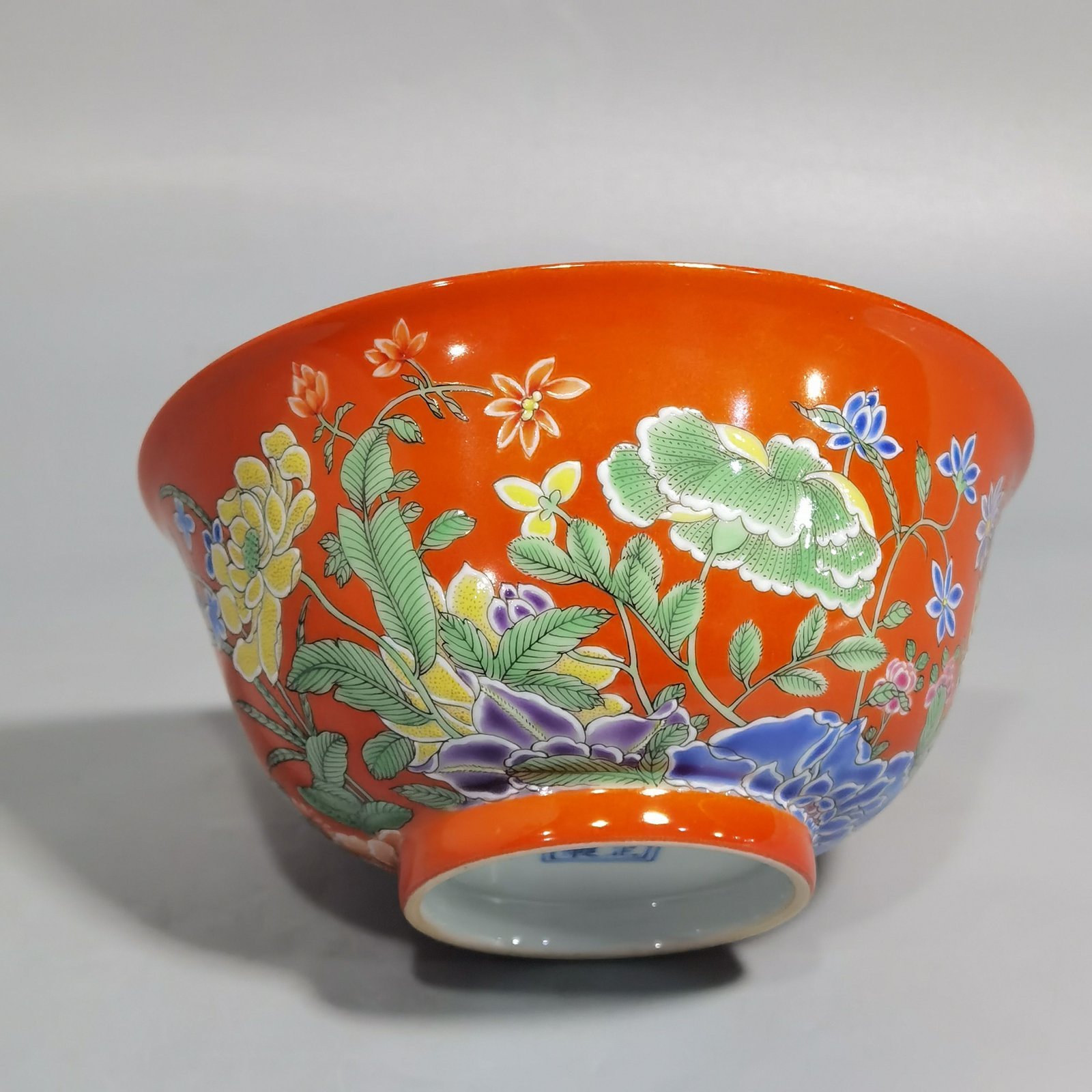 Qing Dynasty Yongzheng Imperial Enamel Coral Red Ground Nine Autumn Picture Bowl