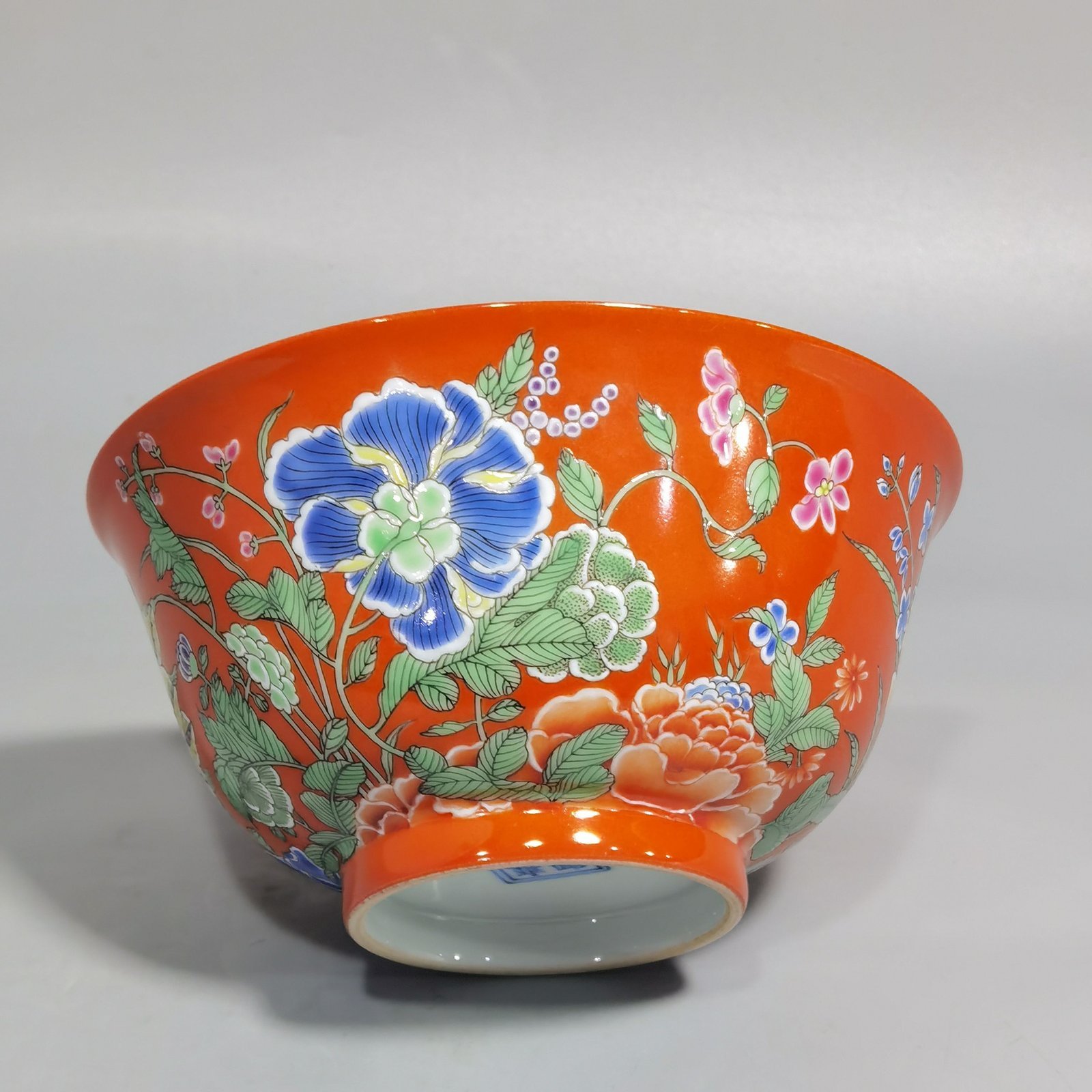 Qing Dynasty Yongzheng Imperial Enamel Coral Red Ground Nine Autumn Picture Bowl