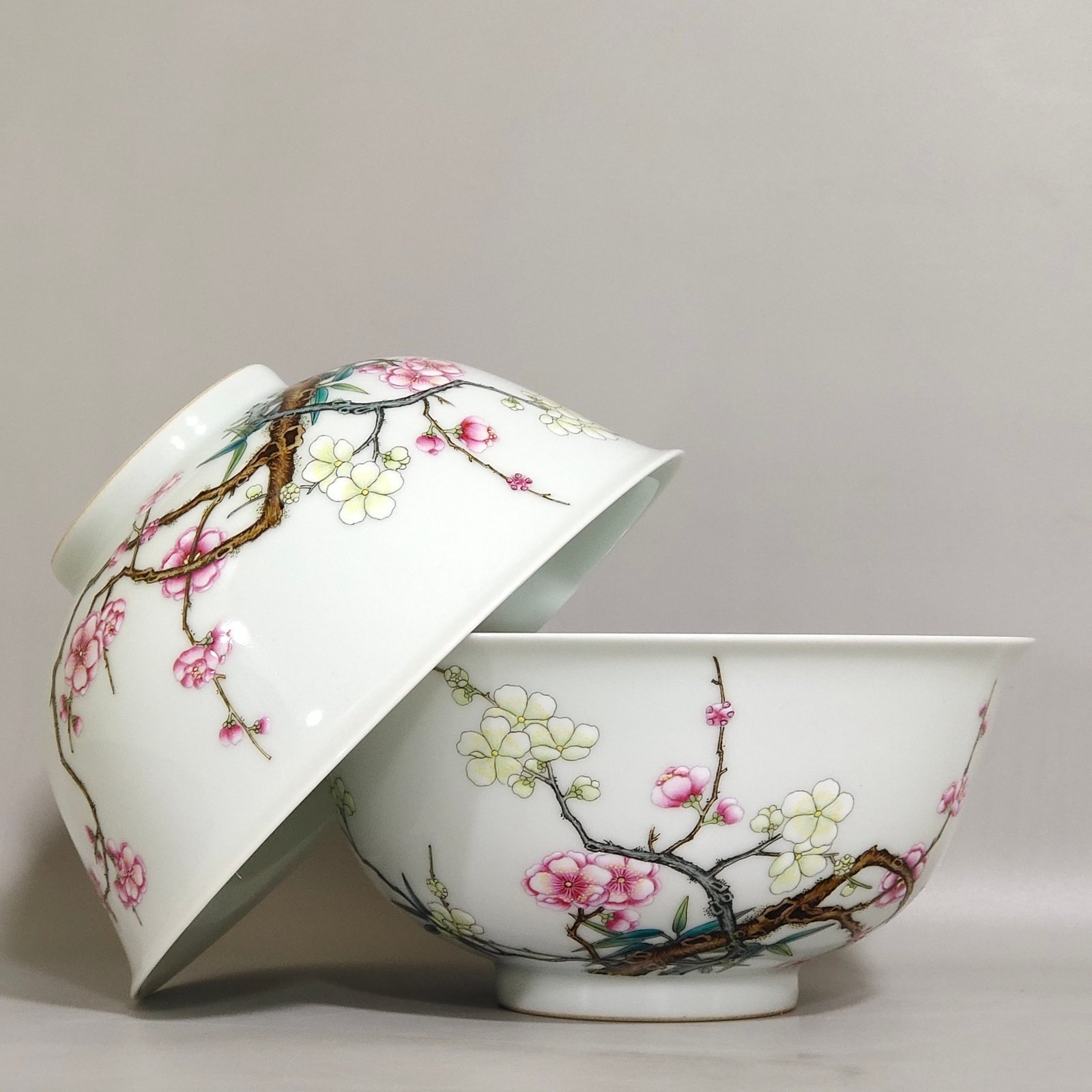 Qing Dynasty Yongzheng enamel bowl with poems on plum and bamboo