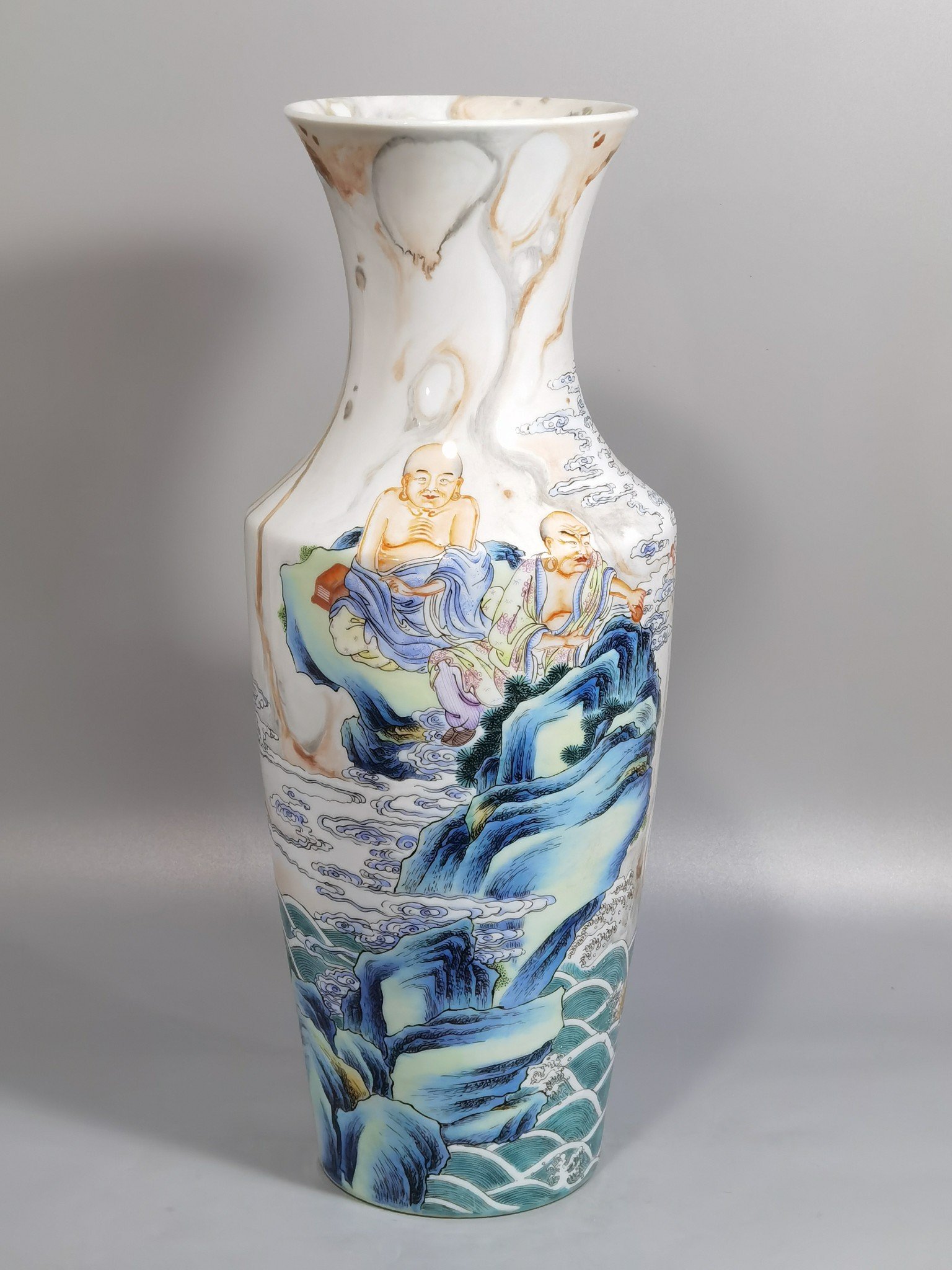 Qing Dynasty Yongzheng cloud pattern pastel color Guanyin bottle with picture of Arhat subduing the dragon