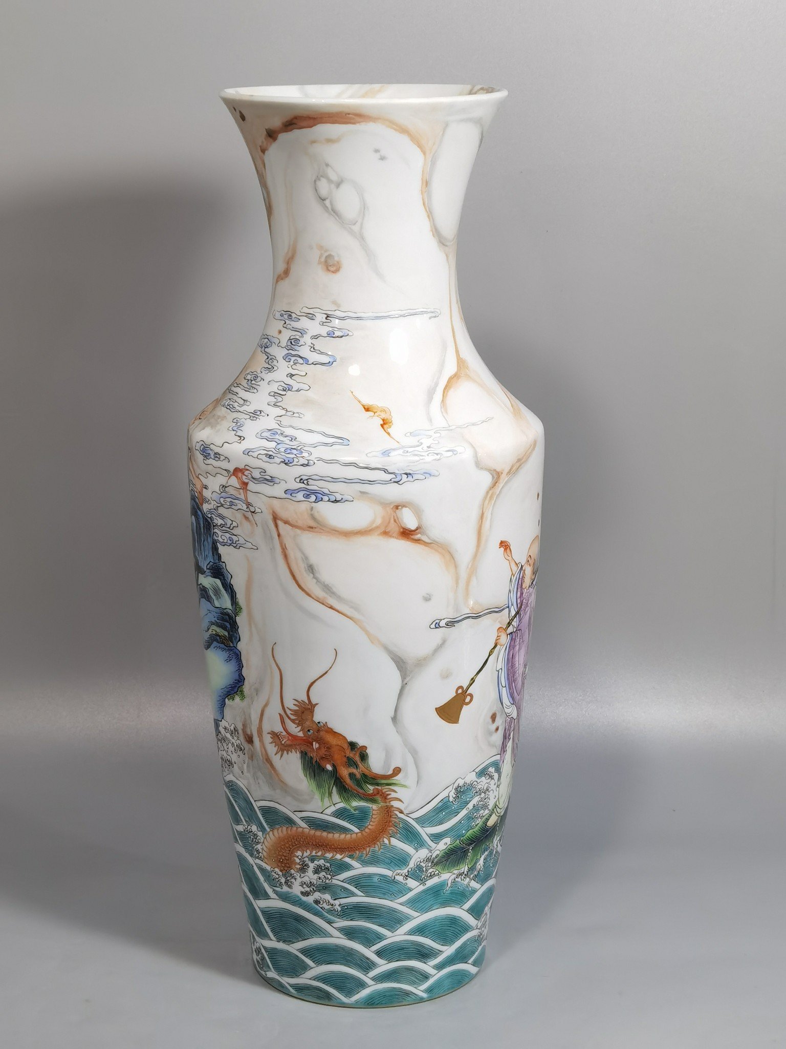 Qing Dynasty Yongzheng cloud pattern pastel color Guanyin bottle with picture of Arhat subduing the dragon
