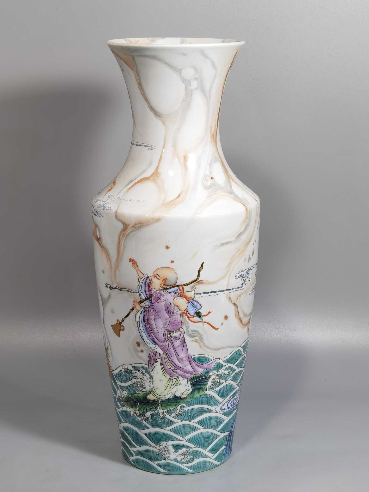 Qing Dynasty Yongzheng cloud pattern pastel color Guanyin bottle with picture of Arhat subduing the dragon