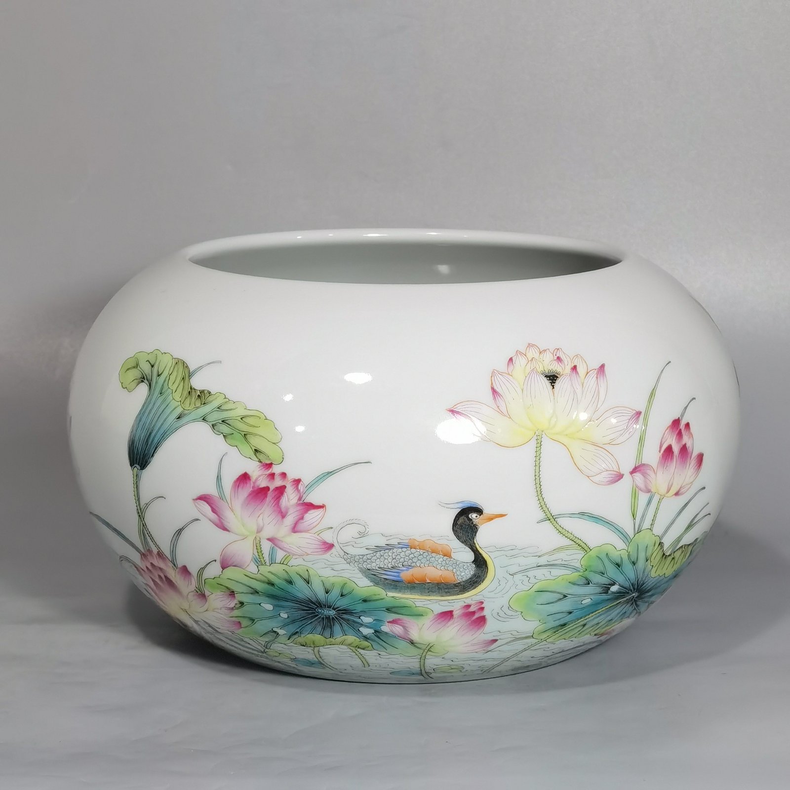 Qing Dynasty Yongzheng washed pastel mandarin duck and lotus size