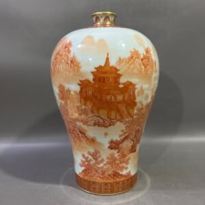 Qing Dynasty Yongzheng alum red landscape pavilion plum vase