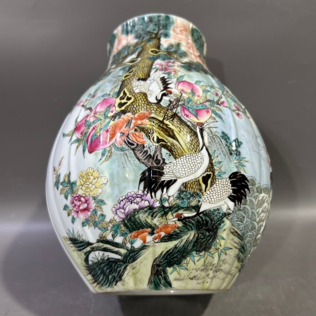 Qing Dynasty Yongzheng famille rose pine and crane with spring peach blessing Vase