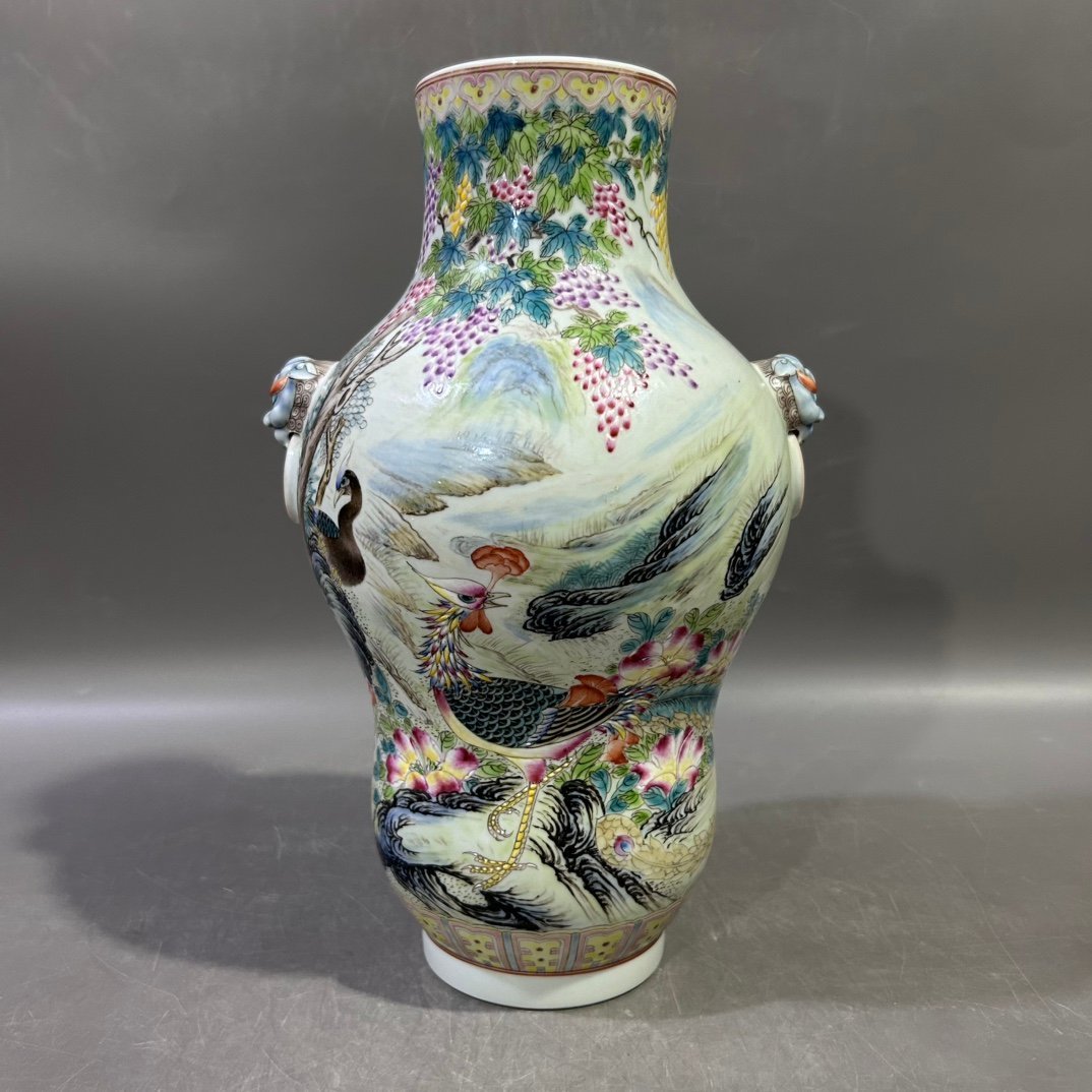 Qing Dynasty Yongzheng famille rose flower bird and animal head vase