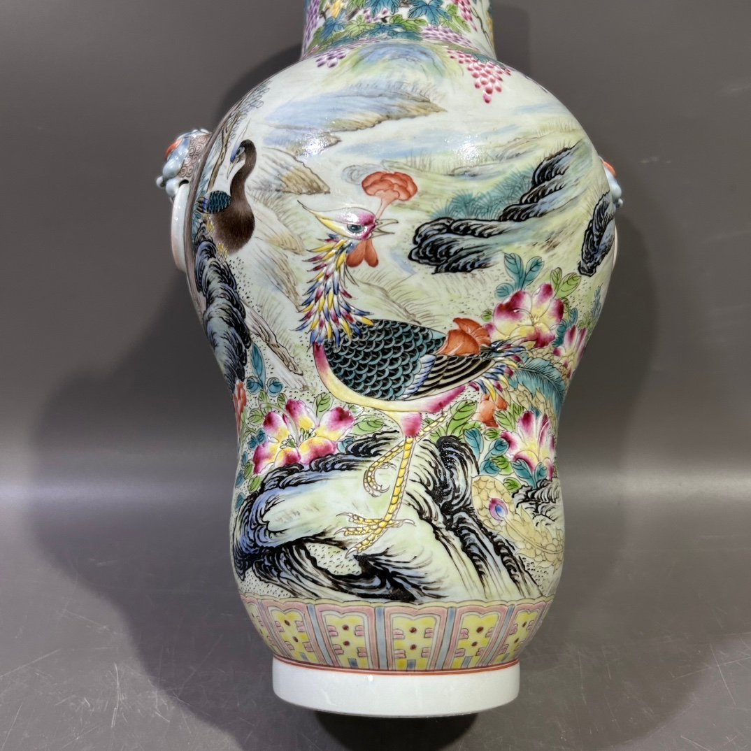 Qing Dynasty Yongzheng famille rose flower bird and animal head vase
