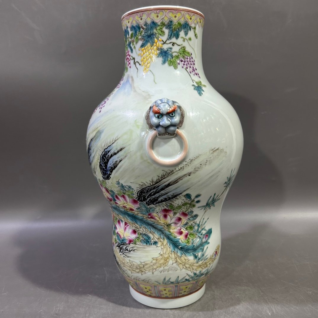 Qing Dynasty Yongzheng famille rose flower bird and animal head vase