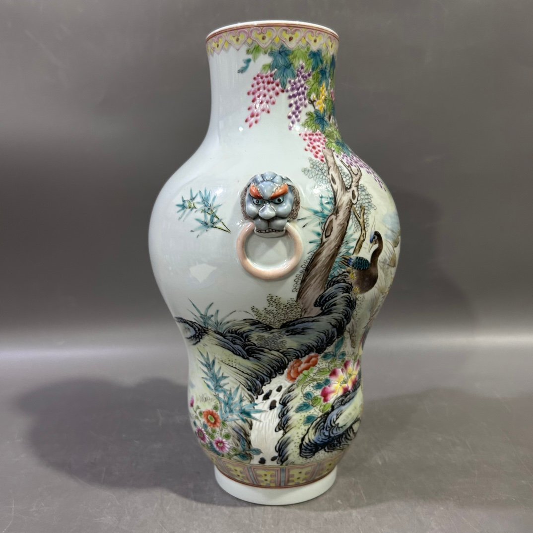 Qing Dynasty Yongzheng famille rose flower bird and animal head vase